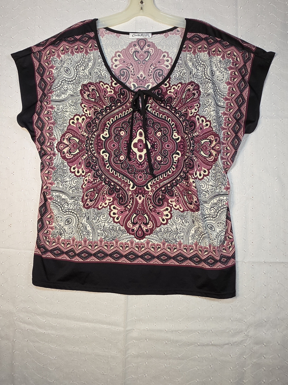 Claudia Richard Pink Black Paisley Tie-Neck Blouse